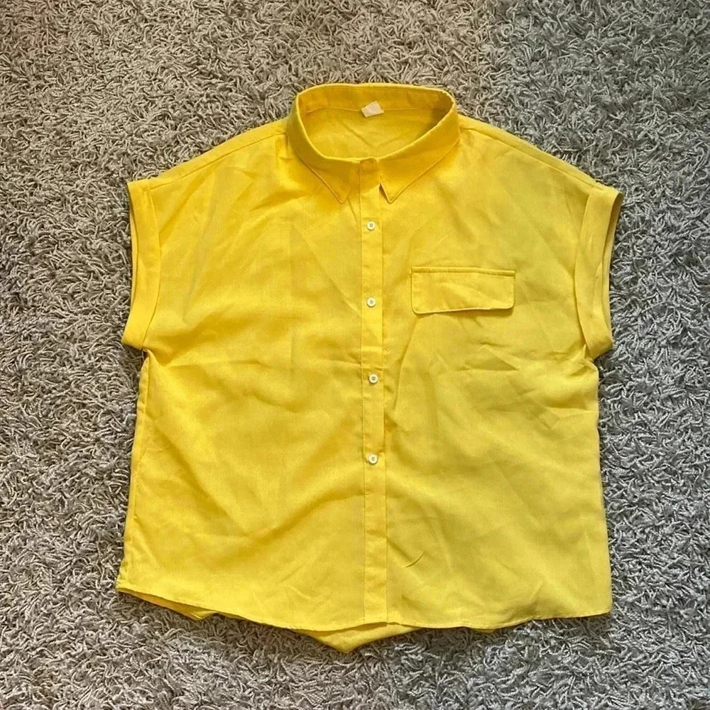 Cottagecore Y2K Coastal Spring Boho Clean Girl Yellow Casual Collar Button SzL - Picture 2 of 8